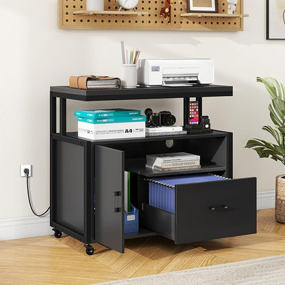 YITAHOME Wood File Cabinet with Charging Station, Rolling Filing Cabinet Cart with Door, Industrial Nightstand with Printer Shelf for Home Office, Bedroom, Living Room, Entryway, Black