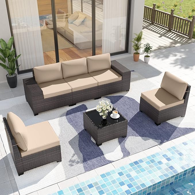 Patio Furniture Set Sofa 6-Piece Wicker Sectional Sofa Set, Outdoor Furniture Rattan Patio Sofa Conversation Set with Thickened Cushions and Glass Coffee Table, Sand