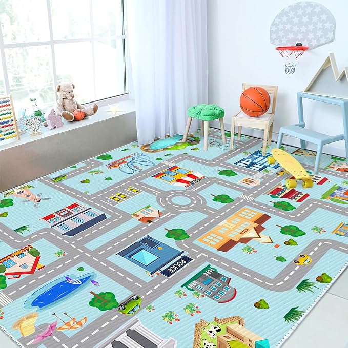 Kids Car Rug, 5' 3" x8' City Life Traffic Road Playmat for Toy Cars Trains, Non-Slip Race Track Carpet Educational Fun Area Rugs for Boy and Girl Bedroom Nursery