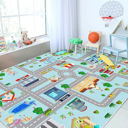 Kids Car Rug, 5' 3" x8' City Life Traffic Road Playmat for Toy Cars Trains, Non-Slip Race Track Carpet Educational Fun Area Rugs for Boy and Girl Bedroom Nursery