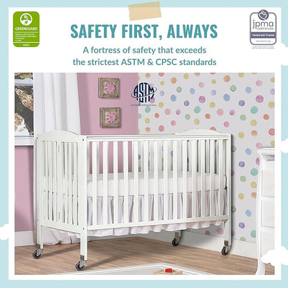 Folding Full Size Convenience Crib In White, Two Adjustable Mattress Height Positions, Comes With Heavy Duty Locking Wheels, Flat Folding Crib
