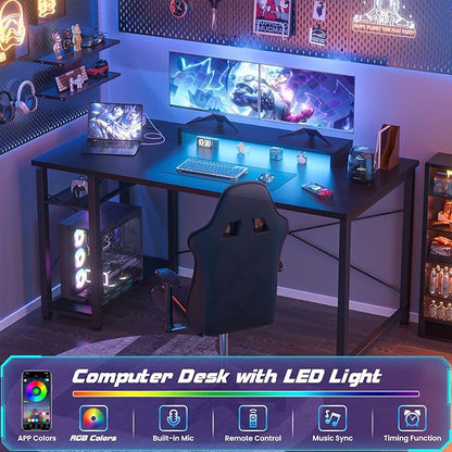 Gaming Desk with Lights & Power Outlets, 39.4' Computer Desk with Shelves, Small Desk for Small Space, Writing Desk with Monitor Stand, Black