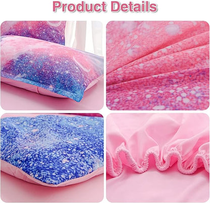 A Nice Night Galaxy Bedding Sets Outer Space Comforter 3D Printed Space Quilt Set Full 6Pcs Glitter Pink,for Children Boy Girl Teen Kids