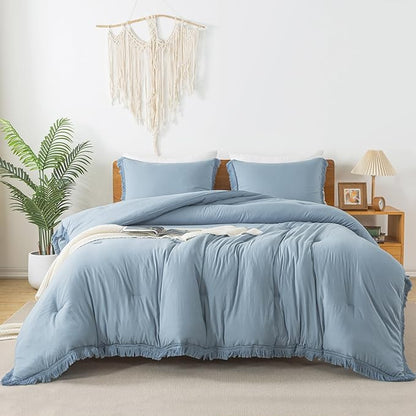 Andency Grayish Blue Comforter Set California King, 3 Pieces Boho Tassel Lightweight Bedding Comforter Sets, All Season Soft Fluffy Fringe Bed Set (104x96In Comforter & 2 Pillowcases)