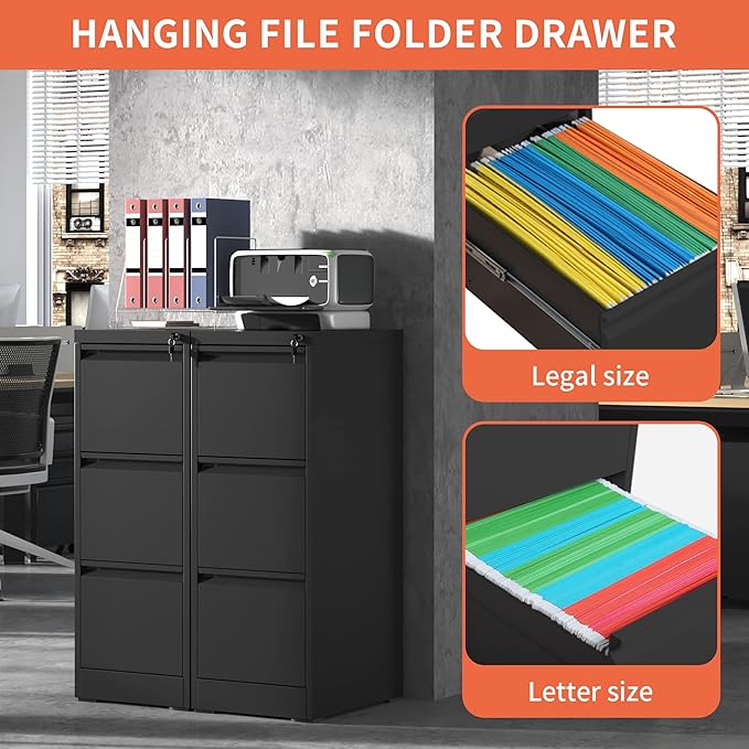 3 Drawer File Cabinet,Metal Filing Cabinets for Home Office, Black Vertical File Cabinet with Lock,Heavy Duty Metal Storage Cabinet for A4/Letter/Legal Size Files,Assembly Required