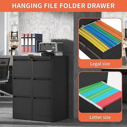 3 Drawer File Cabinet,Metal Filing Cabinets for Home Office, Black Vertical File Cabinet with Lock,Heavy Duty Metal Storage Cabinet for A4/Letter/Legal Size Files,Assembly Required