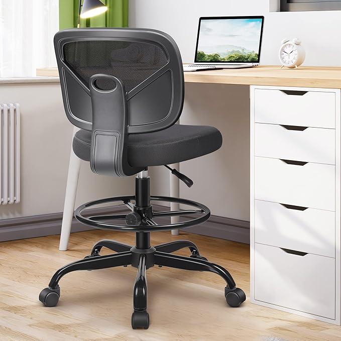 Primy Office Drafting Chair Armless, Tall Office Desk Chair Adjustable Height and Footring, Mid-back Ergonomic Standing Desk Chair Mesh Rolling Tall Chair for Art Room, Office or Home(Black)