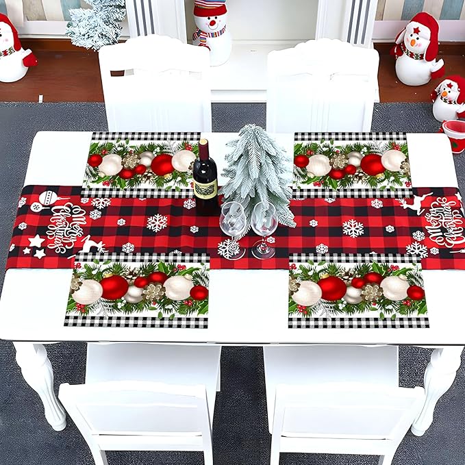 Nepnuser Black and White Gingham Christmas Placemats Set of 4 Buffalo Check Plaid Xmas Place Mats for Home Kitchen Dining Table Decoration