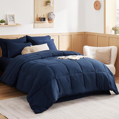 Bedsure Navy Twin Comforter Set - 5 Pieces Solid Twin Bed in a Bag, Twin Bed Set Navy with Quilted Warm Fluffy Comforters, Sheets, Pillowcase & Sham