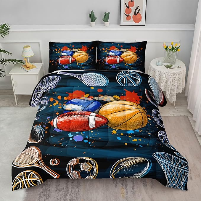 Axolotl Ball Game Bedding Set Queen,Basketball Comforter Set Sports Bedding,Volleyball Comforter Set Soccer Bedding,Football Comforter Colorful Grunge Style for Kids Boys Teens,1 Quilt 2 Pillowcases