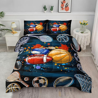Axolotl Ball Game Bedding Set Queen,Basketball Comforter Set Sports Bedding,Volleyball Comforter Set Soccer Bedding,Football Comforter Colorful Grunge Style for Kids Boys Teens,1 Quilt 2 Pillowcases
