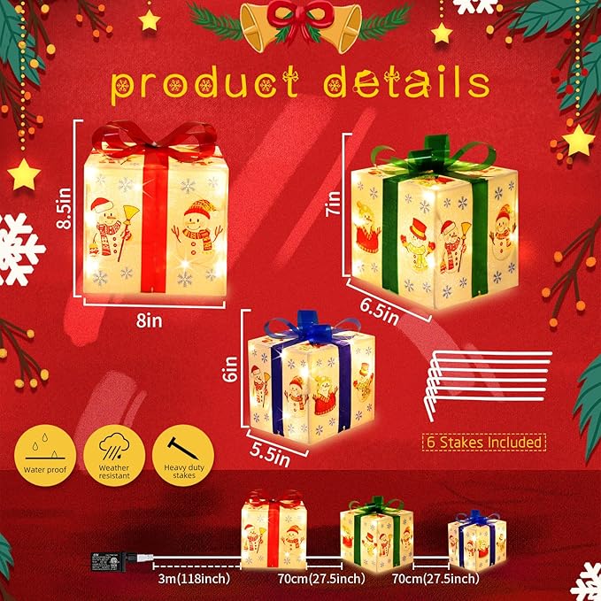 [Large 8.5"x7"x6" Christmas Set of 3 Lighted Gift Boxes Decorations Pre-lit 70 Super-Bright LED with Flashers,for Indoor Outdoor Christmas Tree Skirt Ornament Pathway Holiday Party Home