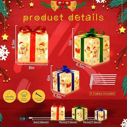 [Large 8.5"x7"x6" Christmas Set of 3 Lighted Gift Boxes Decorations Pre-lit 70 Super-Bright LED with Flashers,for Indoor Outdoor Christmas Tree Skirt Ornament Pathway Holiday Party Home