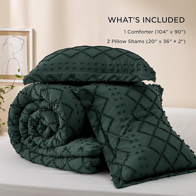 Bedsure King Size Comforter Set - Dark Emerald Green Comforter, Forest Green Boho Tufted Shabby Chic Bedding Comforter Set, 3 Pieces Vintage Farmhouse Bed Set with 2 Pillow Shams for All Seasons