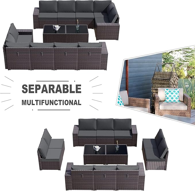 Kullavik 12PCS Outdoor Patio Furniture Set PE Wicker Rattan Sectional Sofa Patio Conversation Sets,Grey