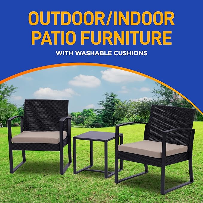 SereneLife Patio Outdoor Furniture, 3 Pcs. Per Set-includes 2 Single Chairs with Soft Cushion and 1 Glass-top Coffee Table, Black Weather-Resistant Resin Wicker Rattan, Brown