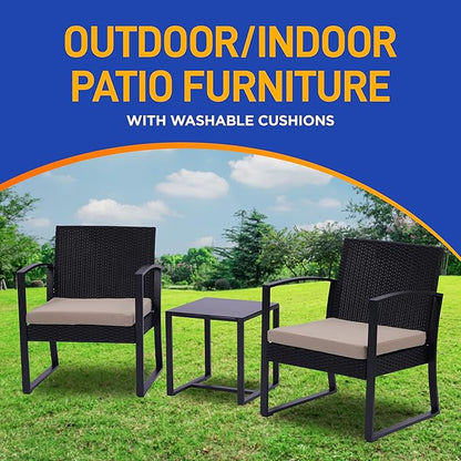 SereneLife Patio Outdoor Furniture, 3 Pcs. Per Set-includes 2 Single Chairs with Soft Cushion and 1 Glass-top Coffee Table, Black Weather-Resistant Resin Wicker Rattan, Brown