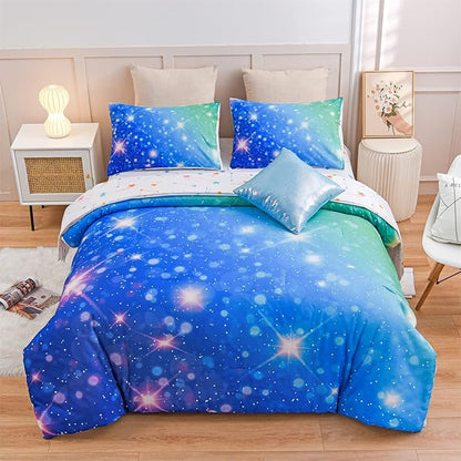 A Nice Night 6Pcs Gradient Glitter Bedding Set for Girls, Colorful Rainbow Galaxy Comforter Set, Ultra Soft Bedding Sets (Blue-Green,Twin 6Pcs)