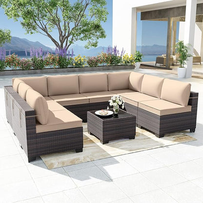 Patio Furniture Set 9PCS Outdoor Furniture for Backyard Wicker Sectional Sofa Set, Rattan Patio Conversation Set with Thickened Cushions and Glass Coffee Table, Sand