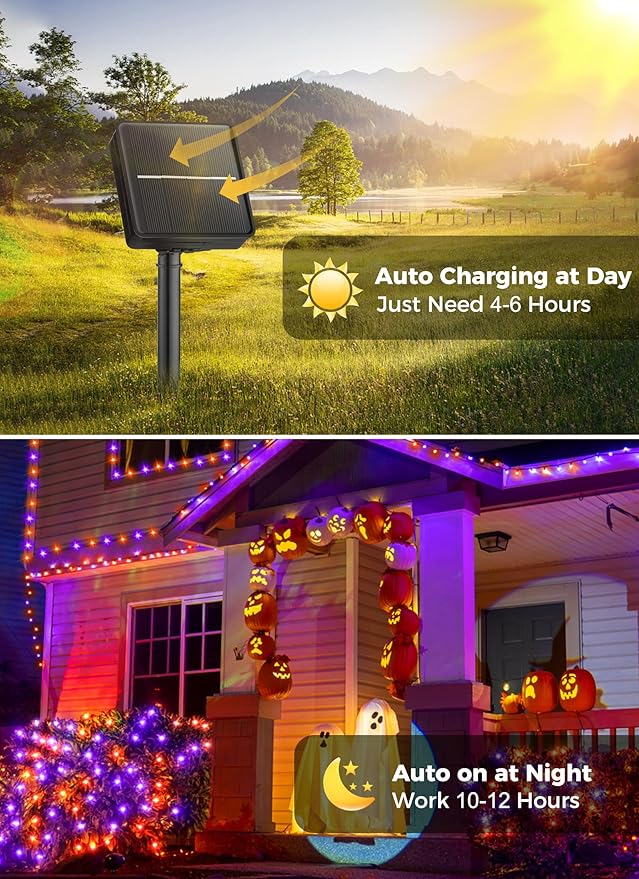 Minetom 2 Pack Solar Halloween Lights Outdoor, Total 80FT 200 LED Halloween String Lights with 8 Mode,Halloween Decoration Outdoor, Waterproof Solar String Lights for Outside Tree Yard,Orange & Purple