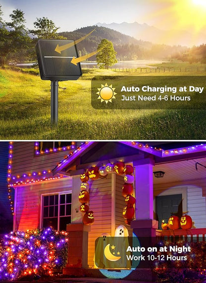 Minetom 2 Pack Solar Halloween Lights Outdoor, Total 80FT 200 LED Halloween String Lights with 8 Mode,Halloween Decoration Outdoor, Waterproof Solar String Lights for Outside Tree Yard,Orange & Purple