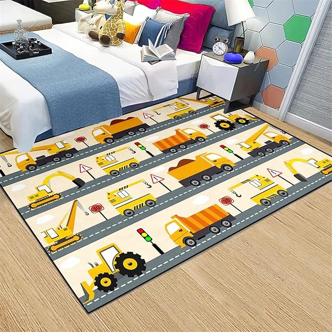 Construction Rug Car Rug Construction Rugs for Boys Room Cartoon Truck Area Rug Construction Play Mat Car Rug for Boys Room Construction Decor for Boys Room 3'×4'