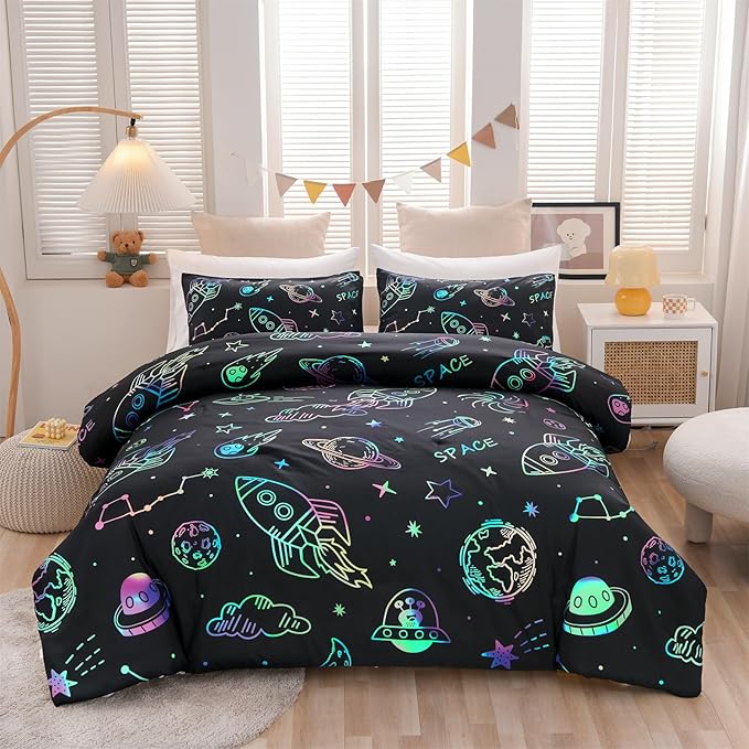 Aimuan Space Rocket Bedding Set Kid Comforter Set Full Size Super Soft & Cute Aliens UFO Printed Quilt Set for Teen Boys Girls (Black, Full)