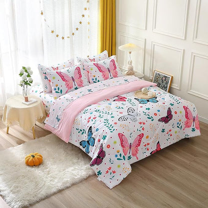 Girls Butterfly Comforter Set Queen Size 7 Piece Bed in A Bag Colorful Flowers Leaves Bedding Set for Kids Teens Super Soft All Season