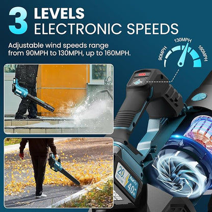 Leaf Blower Cordless, 580CFM/160MPH & 3 Speed Levels, Electric Cordless Leaf Blower with 2 * 4.0Ah Battery Powered, Blowers for Lawn Care, Blower with Extension Nozzle