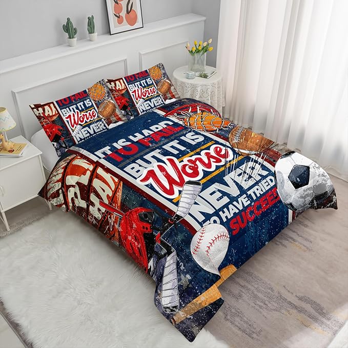 Axolotl Sports Comforter Set Twin Size,Sports Theme Comforter Set Baseball Football Bedding Set,Sports Bedding Set 3D Soccer Comforter Set Basketball Bedding for Boys Teens Men,1 Quilt 2 Pillowcases