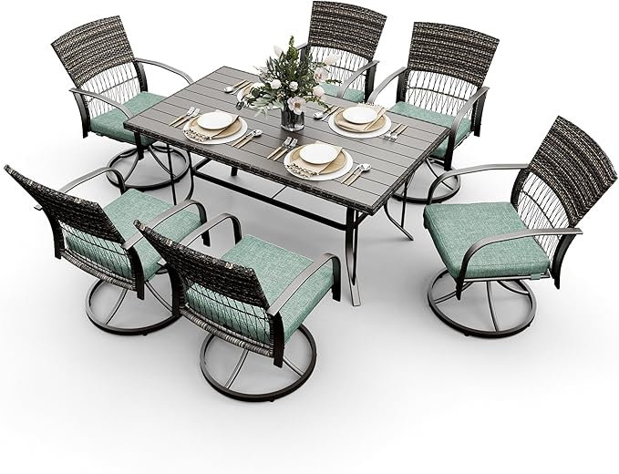 Pamapic 7 Piece Patio Dining Set for 6,Wicker Outdoor Furniture Set for Backyard Garden Deck Poolside with Iron Slats Table Top,6 Cushions Swivel Rocker Chairs,Removable Cushions(Green)