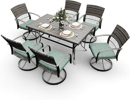 Pamapic 7 Piece Patio Dining Set for 6,Wicker Outdoor Furniture Set for Backyard Garden Deck Poolside with Iron Slats Table Top,6 Cushions Swivel Rocker Chairs,Removable Cushions(Green)