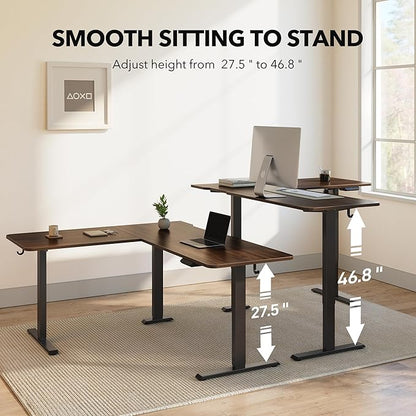 FEZIBO 63" L Shaped Standing Desk Height Adjustable, Electric Stand up Corner Desk, Sit Stand Home Office Desk with Splice Board, Black Frame/Black Walnut Top