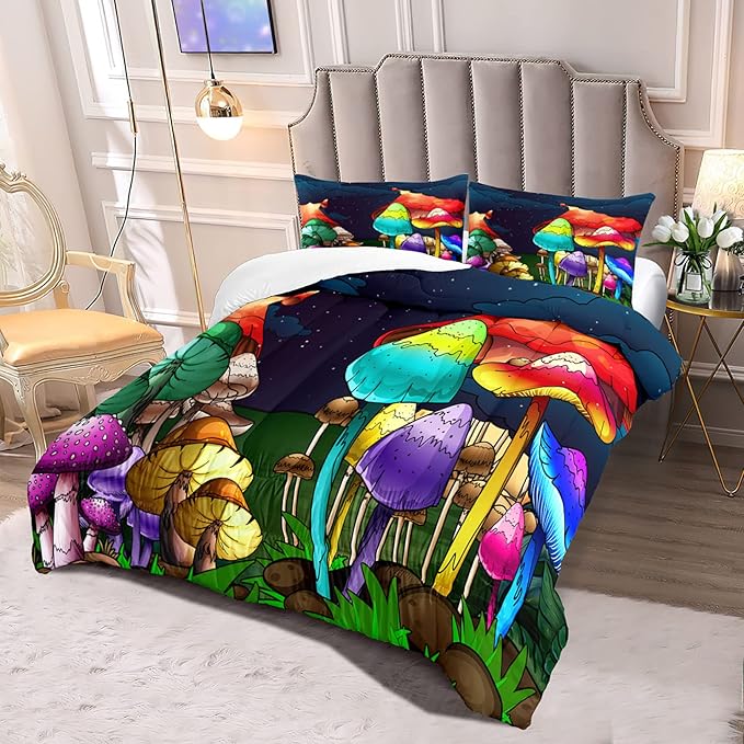 Girls Mushroom Comforter Set Queen Mushroom Bedding for Girls Mushroom Print Queen Size Bedding Set Cartoon Mushroom Pattern Kids Bedding Set, Colorful, 1 Comforter+2 Pillowcases