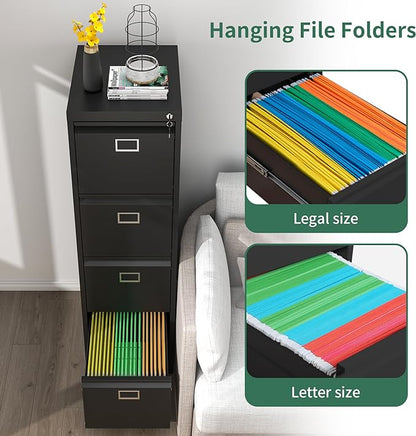 4 Drawer File Cabinet, Metal Vertical File Cabinets with Lock for Home Office, Heavy Duty Office Steel Filing Cabinet for Hanging Files for A4/ Legal/Letter,Assembly Required (Black)