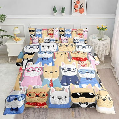Datura home Dog Comforter Beddding Set for Kids Children,Puppy Pug Cute Dog Pattern Cartoon Career Pet Bedding Set with 1 Comforter and 2 Pillowcases(Dog Full)