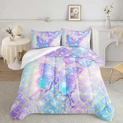 CVHOUSE Butterfly Comforter Set King Size,Rainbow Mermaid Butterfliy Bedding Set for Kids Girls,Rainbow Mermaid Butterflies Quilt Set Butterfly Duvet Set Girl's Bedroom Decor 3 Pieces