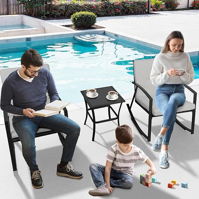 Shintenchi Outdoor 3 Piece Rocking Bistro Set, Wicker Patio Outdoor Furniture Porch Chairs Conversation Sets with Glass-Top Coffee Table for Backyard Porch Poolside Lawn, Garden,Gray