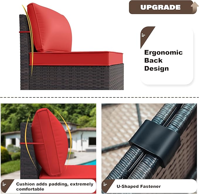 Patio Furniture Sectional Sofa Set 13-Pieces PE Rattan Patio Conversation Set w/43in Gas Fire Pit Table, Outdoor Furniture with 55000 BTU Propane Fire Pit, Red