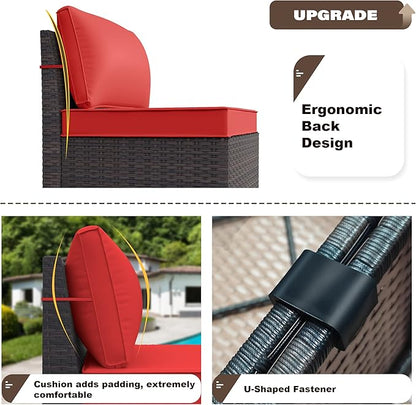 Patio Furniture Sectional Sofa Set 13-Pieces PE Rattan Patio Conversation Set w/43in Gas Fire Pit Table, Outdoor Furniture with 55000 BTU Propane Fire Pit, Red