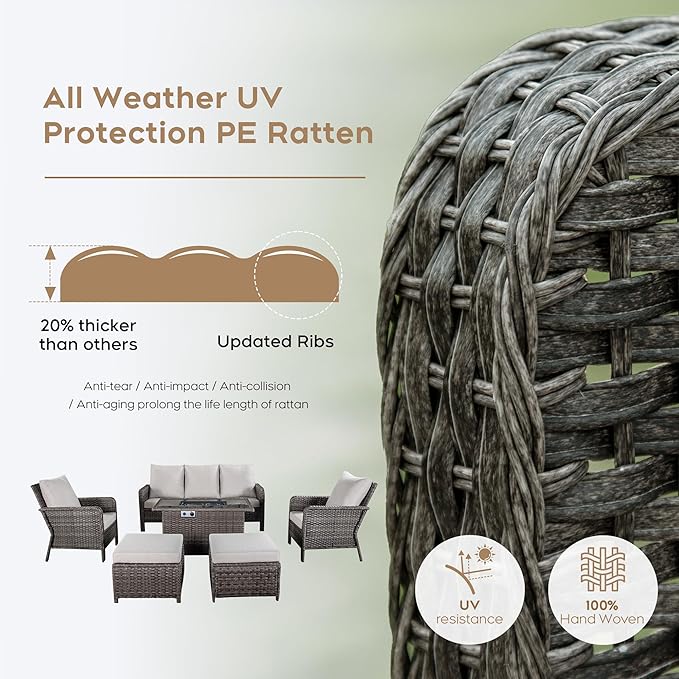 Yechen Patio Conversation Set 7 Seats with 44" Propane Gas Fire Pit Table - 6 Pcs Outdoor Wicker Furniture Set with Lid & Wind Shields - Sectional Sofa Set for Porch,Backyard
