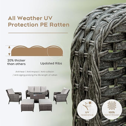 Yechen Patio Conversation Set 7 Seats with 44" Propane Gas Fire Pit Table - 6 Pcs Outdoor Wicker Furniture Set with Lid & Wind Shields - Sectional Sofa Set for Porch,Backyard