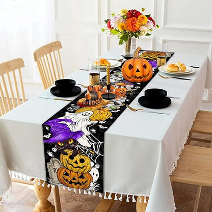 Halloween Table Runner 108 Inches Long Pumpkin Black Cat Halloween Table Runners Happy Halloween Boo Ghost Theme Decor for Kitchen Dining Table Home Party Decorations