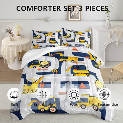 Axolotl Cartoon Excavator Bedding Set Queen,Tractor Truck Bedding Set,Boys Construction Bedding Set,Yellow Vehicles Truck Comforter Construction Site Decor for Kids Boys Teens,1 Quilt 2 Pillowcases