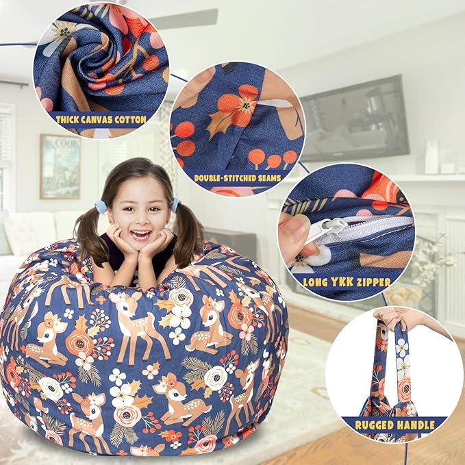 Stuffed Animal Storage Bean Bag Chair Cover, Hold Kids Plush Toys Blankets Towels Beanbag (Cover Only), Canvas Floor Circle Stuff Sit Seat Sofa with YKK Zipper, Large 32", Fawn