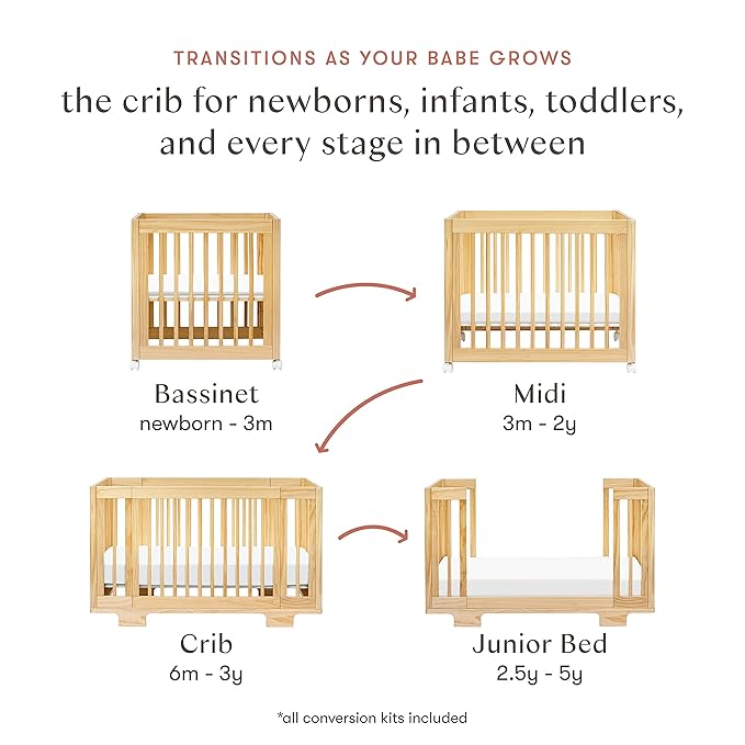 Babyletto Yuzu Convertible All-Stages Bassinet, Midi, Full-Size Crib in Natural, Greenguard Gold Certified, Portable & Adjustable with Conversion Kits and Pads Included
