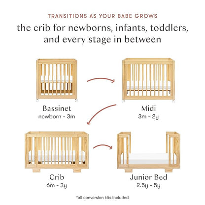 Babyletto Yuzu Convertible All-Stages Bassinet, Midi, Full-Size Crib in Natural, Greenguard Gold Certified, Portable & Adjustable with Conversion Kits and Pads Included