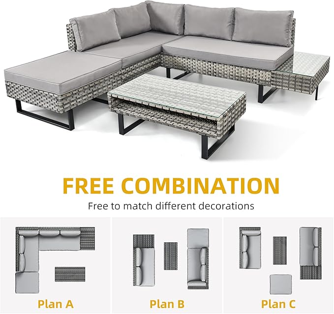 DWVO Patio Furniture Set, Sectional L-Shaped Sofa, for Patio Backyard Poolside Porch, Wicker Conversation Set with Coffee Table & Cushions, Detachable Lounger, All-Weather Rattan, Grey