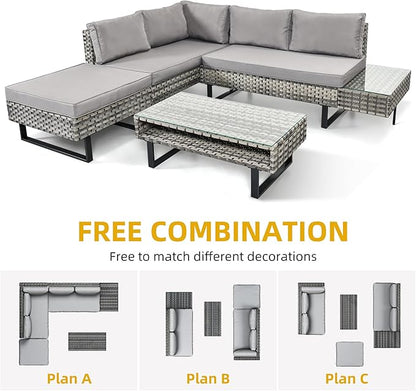 DWVO Patio Furniture Set, Sectional L-Shaped Sofa, for Patio Backyard Poolside Porch, Wicker Conversation Set with Coffee Table & Cushions, Detachable Lounger, All-Weather Rattan, Grey