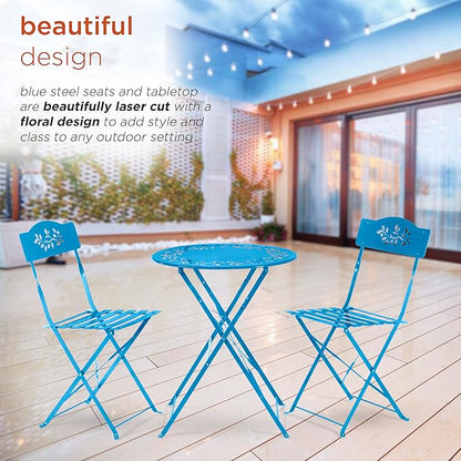 Alpine Corporation Indoor/Outdoor 3-Piece Bistro Set Folding Table and Chairs Patio Seating, Blue